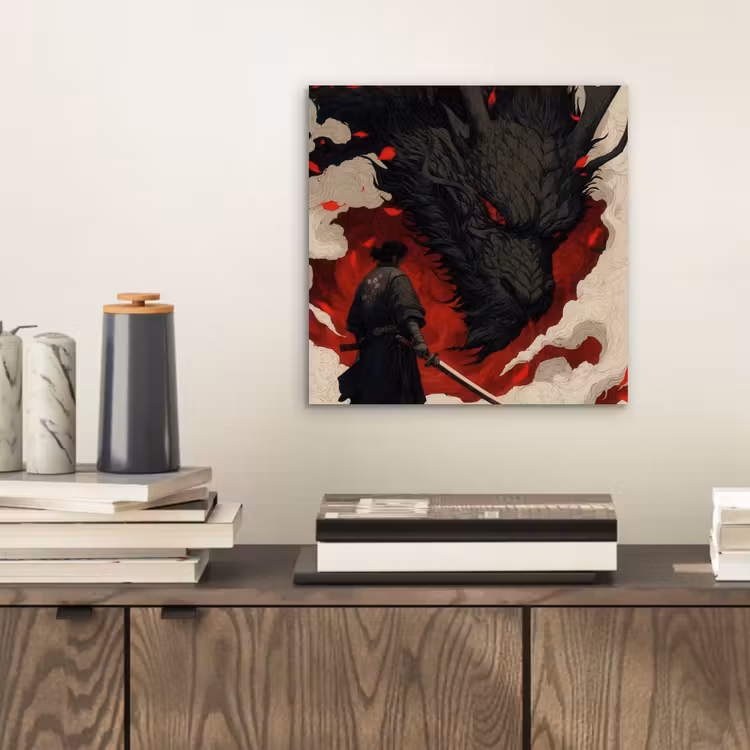 Aluminium schilderij - Krijger - Draak - Zwart - Rood - Rook — 2
