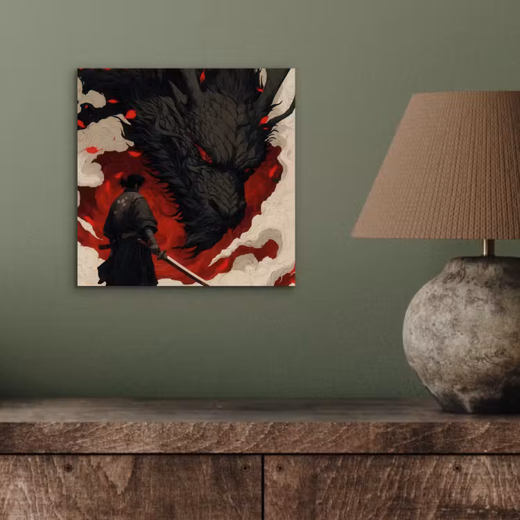 Aluminium schilderij - Krijger - Draak - Zwart - Rood - Rook — 3