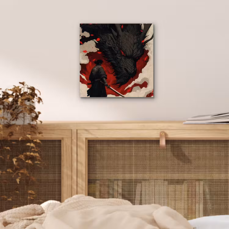 Aluminium schilderij - Krijger - Draak - Zwart - Rood - Rook — 4