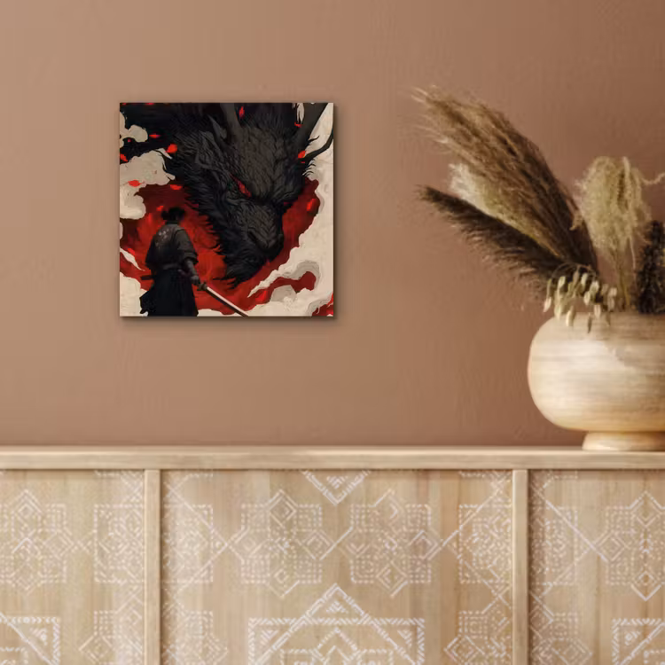 Aluminium schilderij - Krijger - Draak - Zwart - Rood - Rook — 5