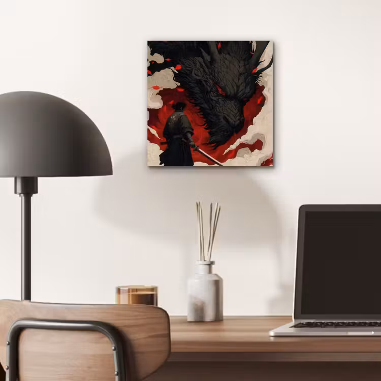 Aluminium schilderij - Krijger - Draak - Zwart - Rood - Rook — 6