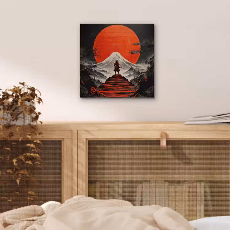 Aluminium schilderij - Krijger - Rode trappen - Zon - Berg — 4