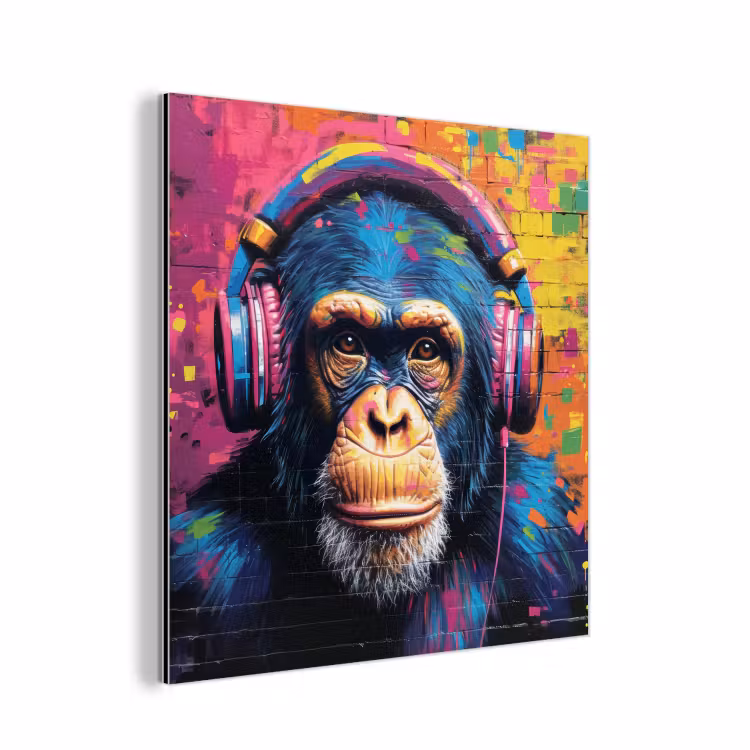Aluminium schilderij - Graffiti - Chimpanzee - Street art - Koptelefoon - Aap — 1