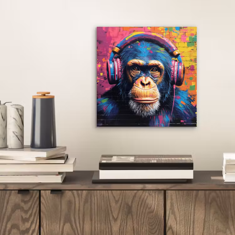 Aluminium schilderij - Graffiti - Chimpanzee - Street art - Koptelefoon - Aap — 2
