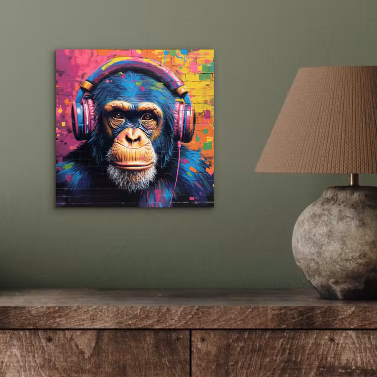Aluminium schilderij - Graffiti - Chimpanzee - Street art - Koptelefoon - Aap — 3