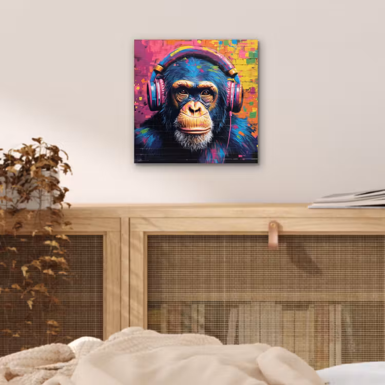 Aluminium schilderij - Graffiti - Chimpanzee - Street art - Koptelefoon - Aap — 4