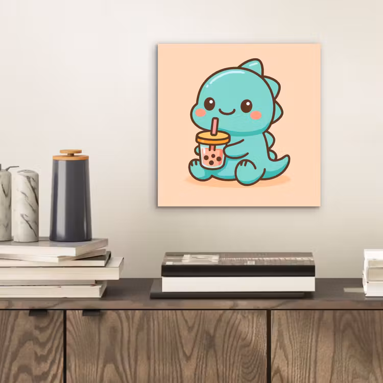 Aluminium schilderij - Dino - Boba - kawaii - Oranje — 2