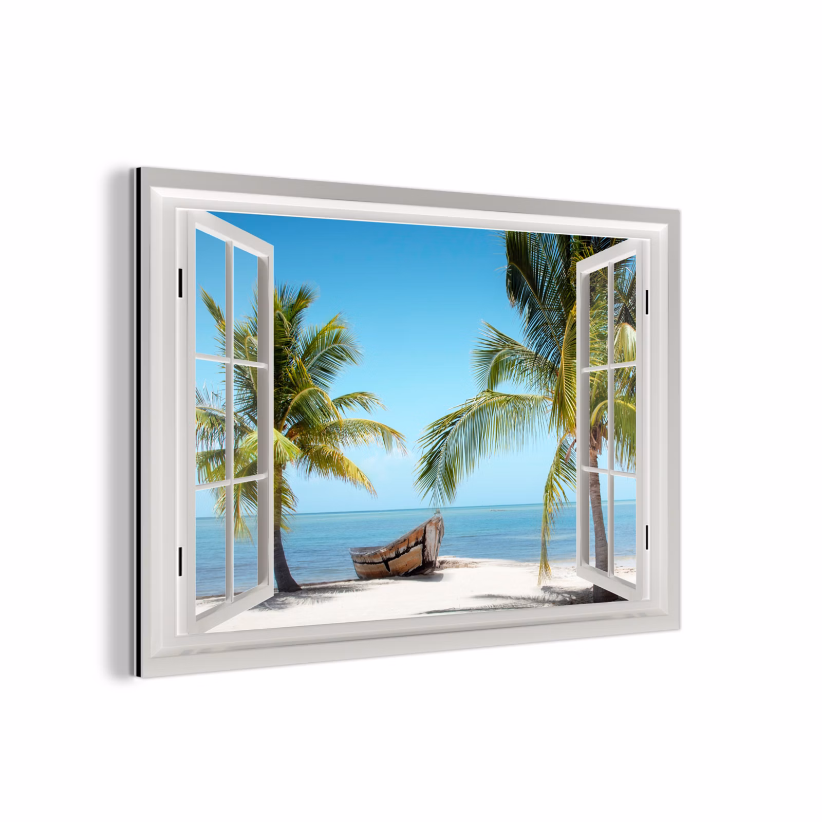 Aluminium schilderij - Doorkijk - Strand - Palmboom - Boot - Tropisch - Zee - Blauw — 1