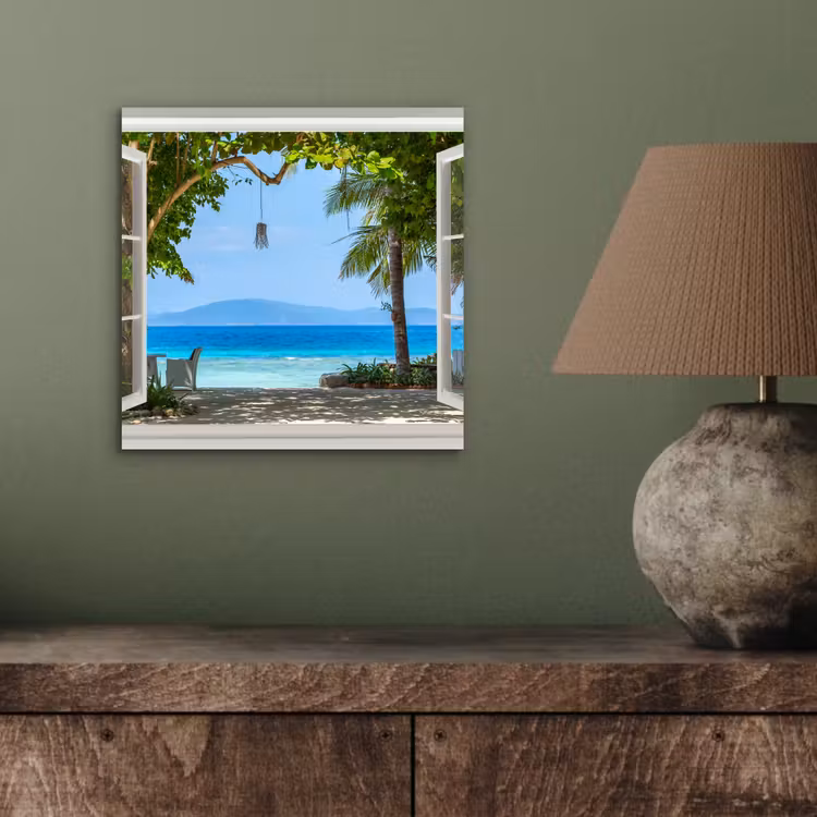 Aluminium schilderij - Doorkijk - Boom - Zee - Palmboom - Heuvels - Strand - Blauw — 3