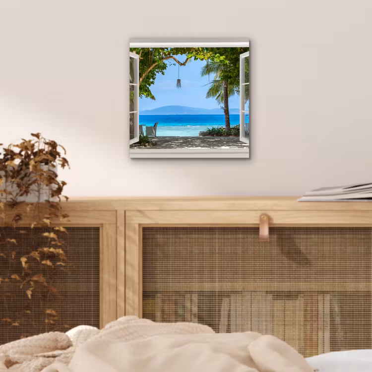 Aluminium schilderij - Doorkijk - Boom - Zee - Palmboom - Heuvels - Strand - Blauw — 4