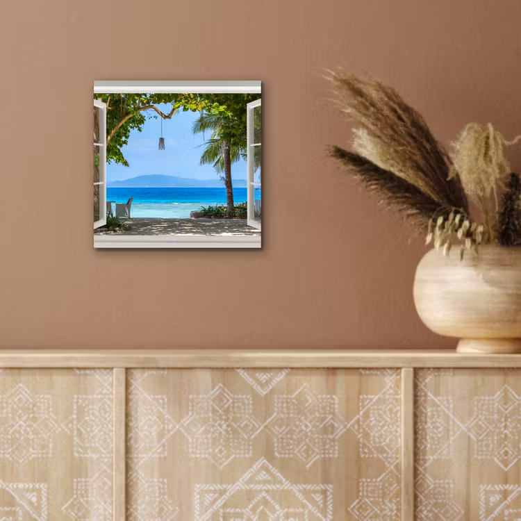 Aluminium schilderij - Doorkijk - Boom - Zee - Palmboom - Heuvels - Strand - Blauw — 5