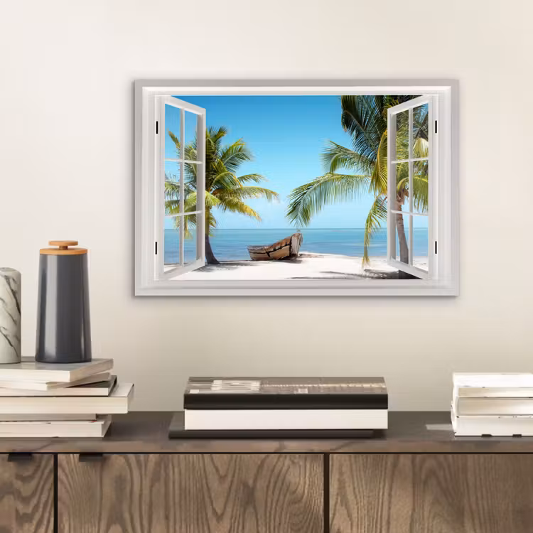 Aluminium schilderij - Doorkijk - Strand - Palmboom - Boot - Tropisch - Zee - Blauw — 2