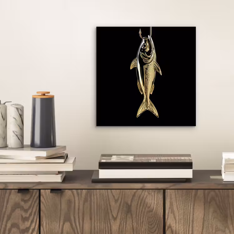 Aluminium schilderij - Goud - Vis - Haak - Zwart — 2