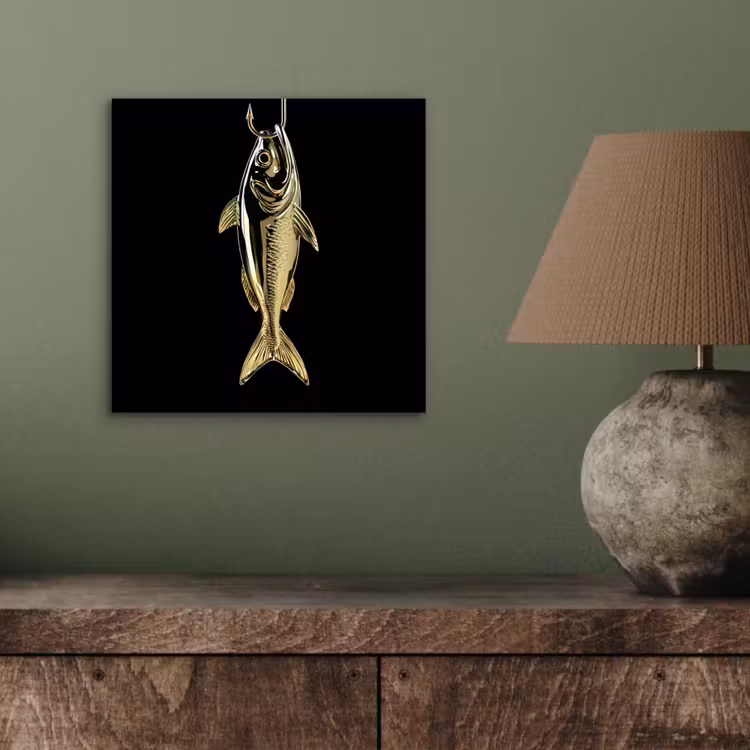 Aluminium schilderij - Goud - Vis - Haak - Zwart — 3
