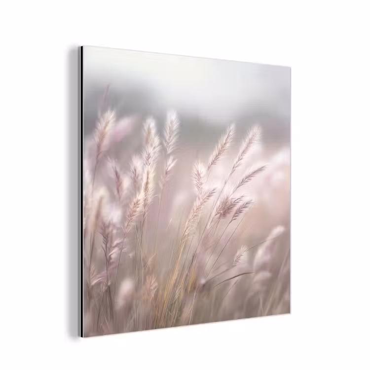 Aluminium schilderij - Graspluimen - Wind - Beige - Mistig — 1