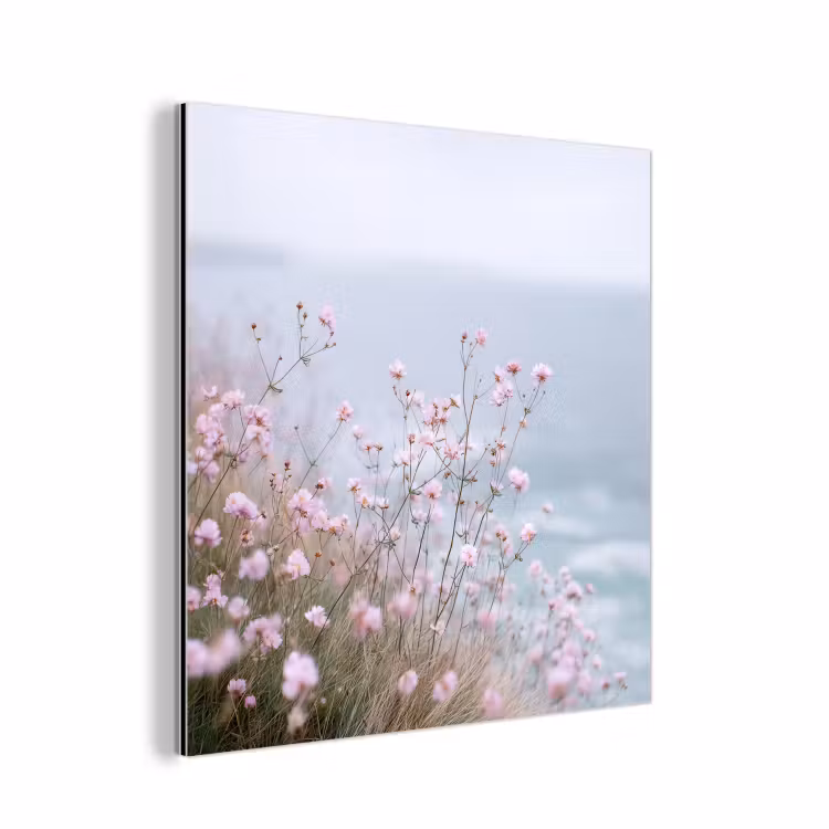 Aluminium schilderij - Klif - Bloemen - Zee - Roze — 1