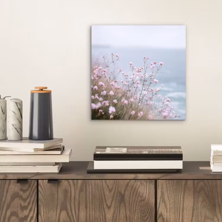 Aluminium schilderij - Klif - Bloemen - Zee - Roze — 2