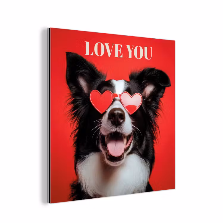 Aluminium schilderij - Hond - Hartjesbril - Loveyou - Rood — 1