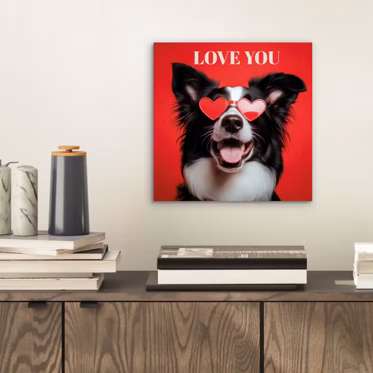 Aluminium schilderij - Hond - Hartjesbril - Loveyou - Rood — 2