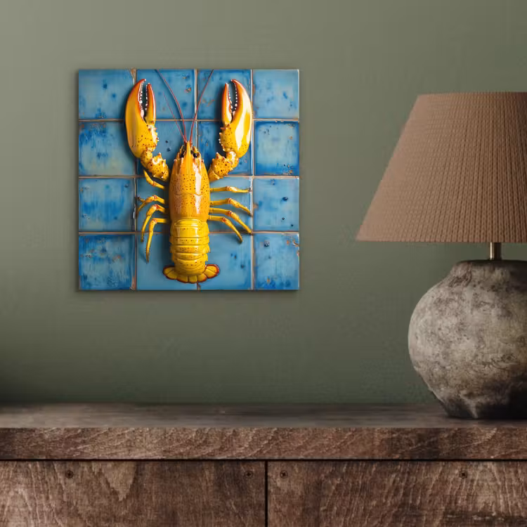 Aluminium schilderij - Kreeft - Geel - Blauw - Tegels — 3