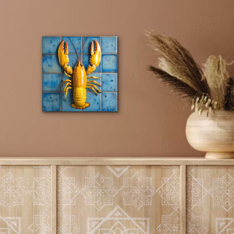 Aluminium schilderij - Kreeft - Geel - Blauw - Tegels — 5