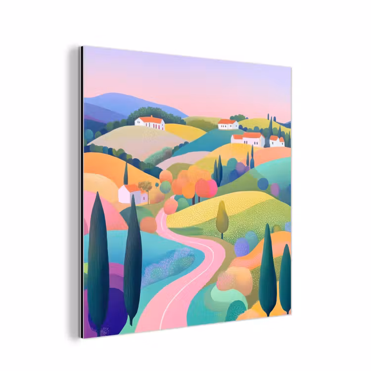 Aluminium schilderij - Landschap - Paars - Pastel - Huizen — 1