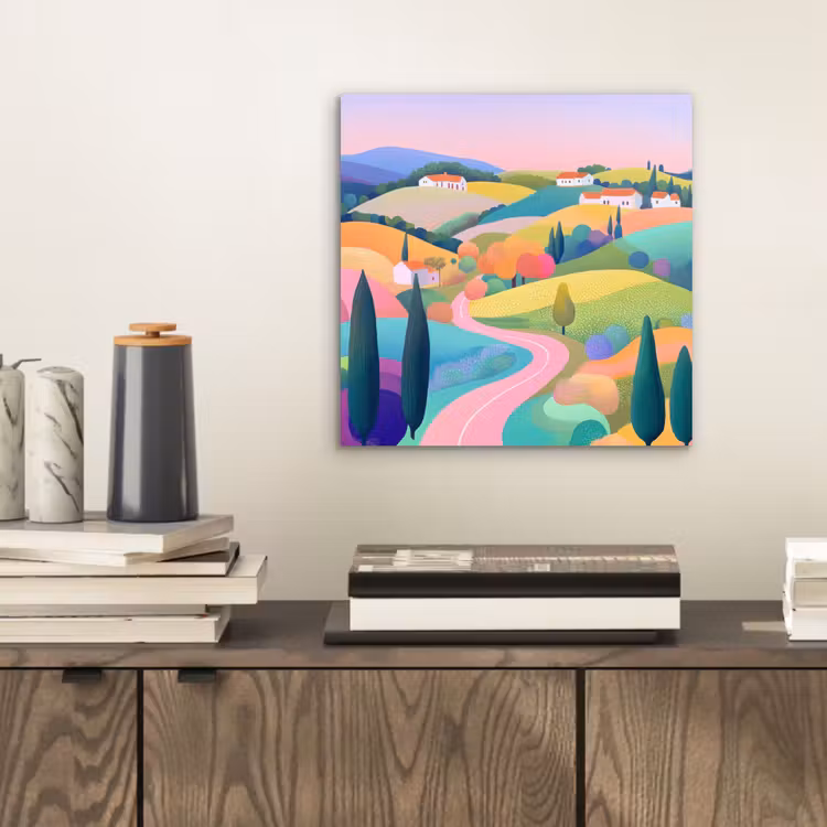 Aluminium schilderij - Landschap - Paars - Pastel - Huizen — 2