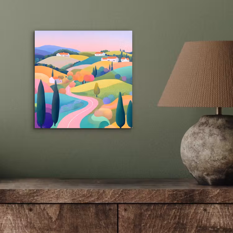 Aluminium schilderij - Landschap - Paars - Pastel - Huizen — 3