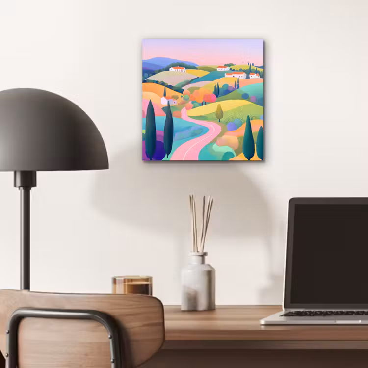 Aluminium schilderij - Landschap - Paars - Pastel - Huizen — 6