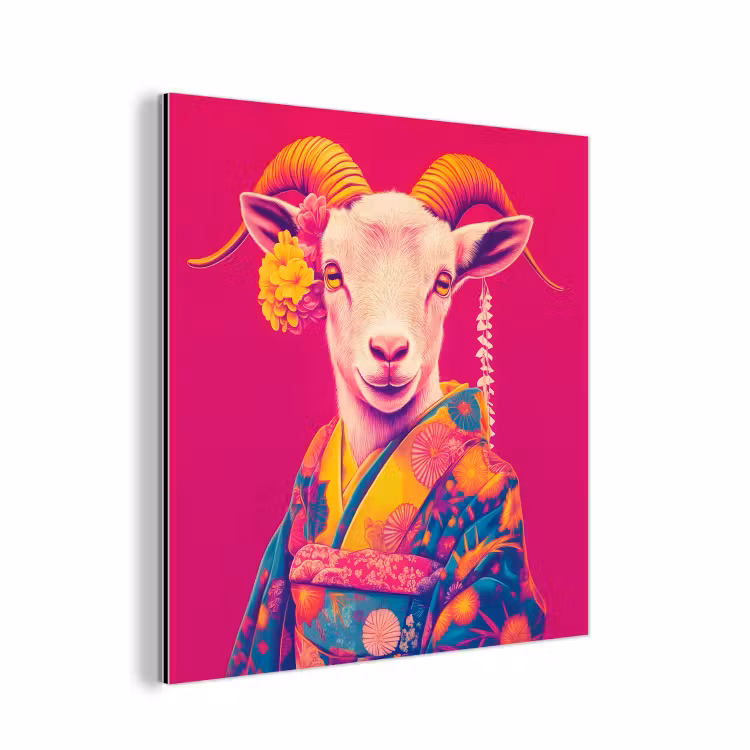 Aluminium schilderij - Geit - Hoorns - Kimono - Kleurrijk — 1