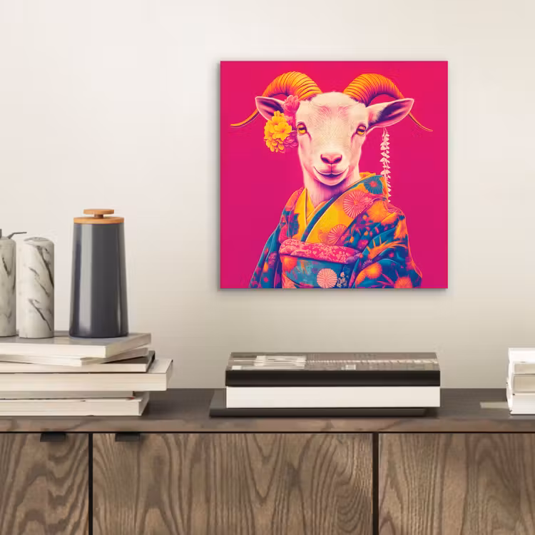 Aluminium schilderij - Geit - Hoorns - Kimono - Kleurrijk — 2