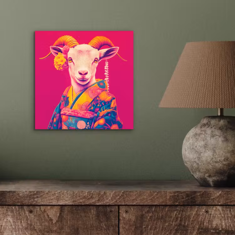 Aluminium schilderij - Geit - Hoorns - Kimono - Kleurrijk — 3