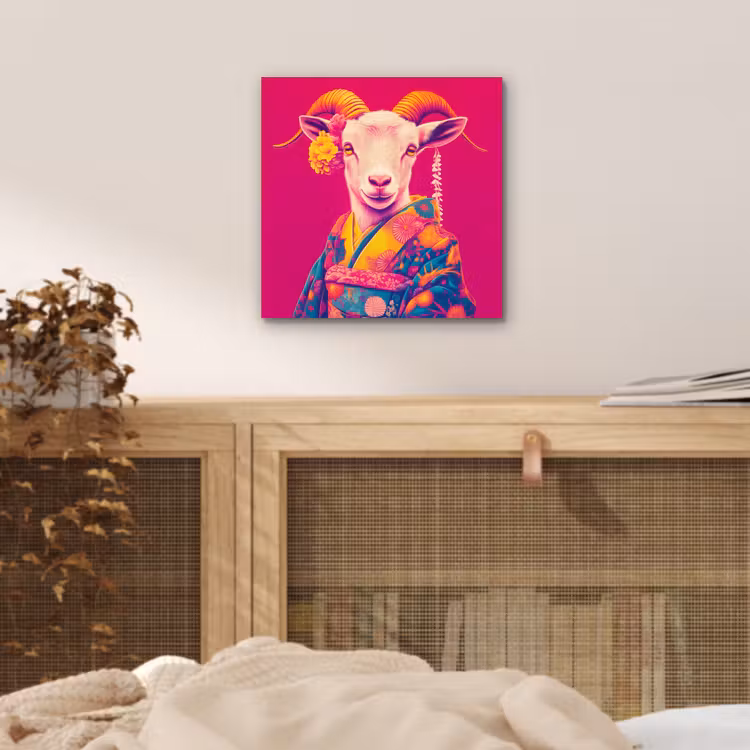 Aluminium schilderij - Geit - Hoorns - Kimono - Kleurrijk — 4