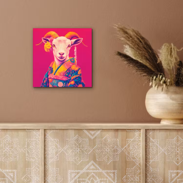 Aluminium schilderij - Geit - Hoorns - Kimono - Kleurrijk — 5