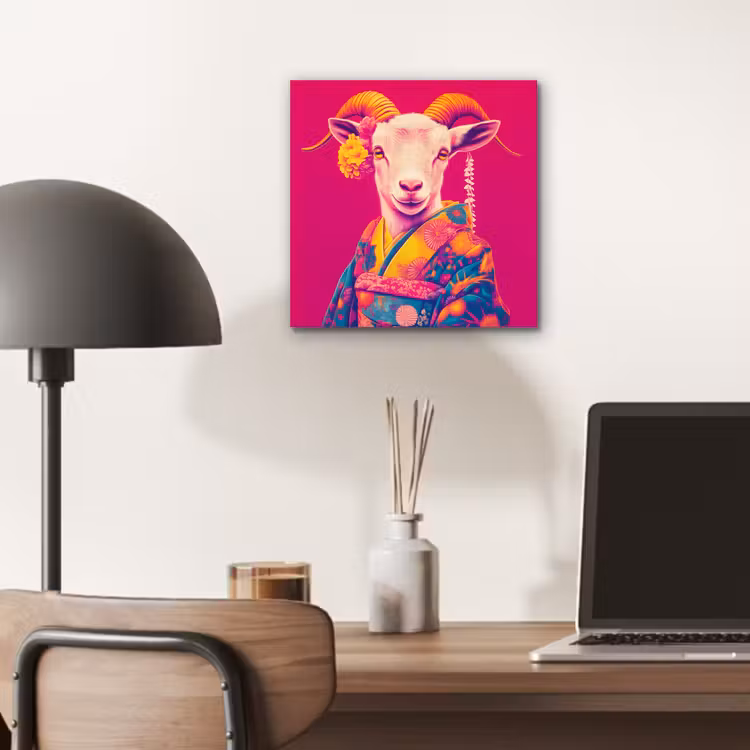 Aluminium schilderij - Geit - Hoorns - Kimono - Kleurrijk — 6