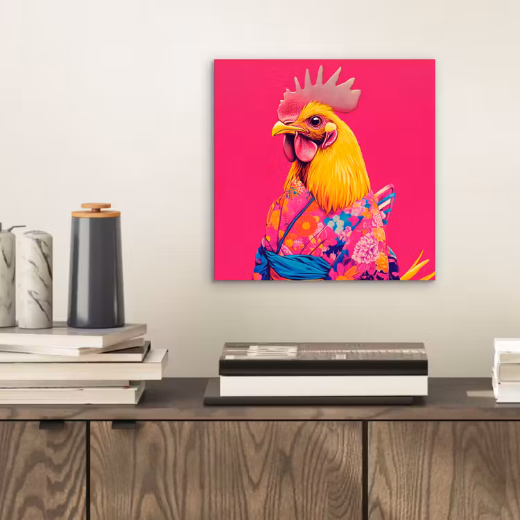 Aluminium schilderij - Haan - Kleurrijk - Kimono - Roze — 2