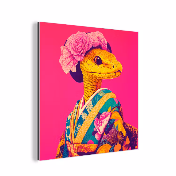 Aluminium schilderij - Hagedis - Bloemen - Roze - Kimono — 1
