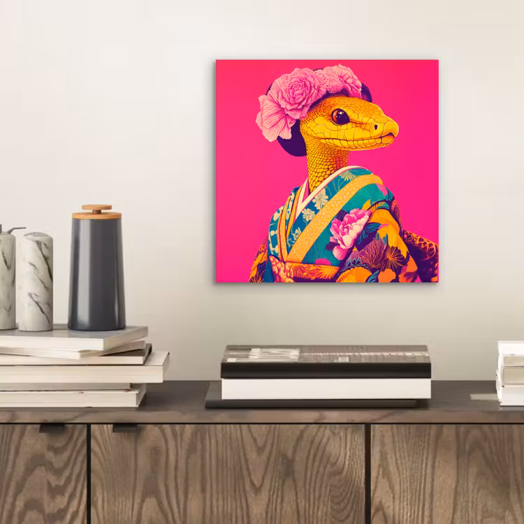 Aluminium schilderij - Hagedis - Bloemen - Roze - Kimono — 2