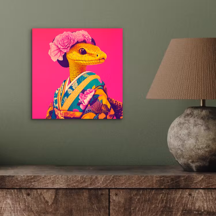 Aluminium schilderij - Hagedis - Bloemen - Roze - Kimono — 3