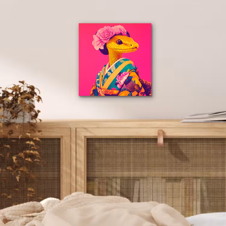 Aluminium schilderij - Hagedis - Bloemen - Roze - Kimono — 4