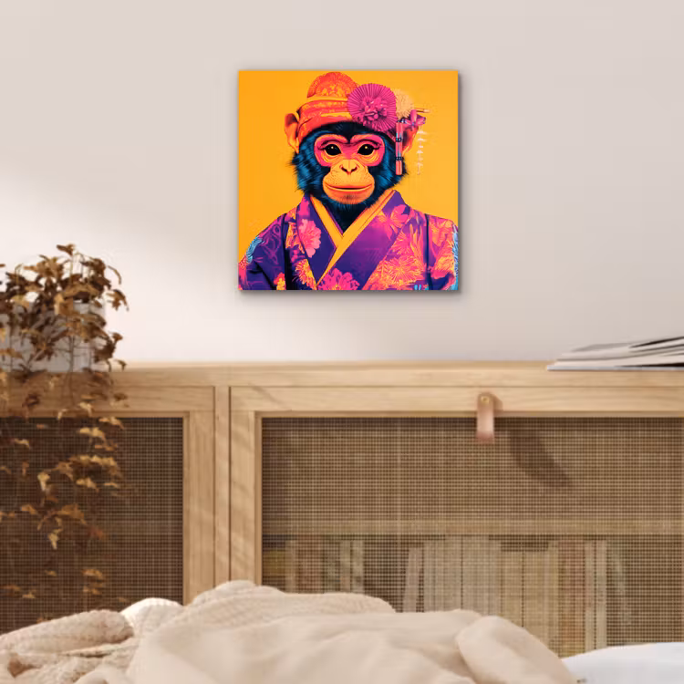 Aluminium schilderij - Aap - Kimono - Bloemen - Hoofdtooi — 4
