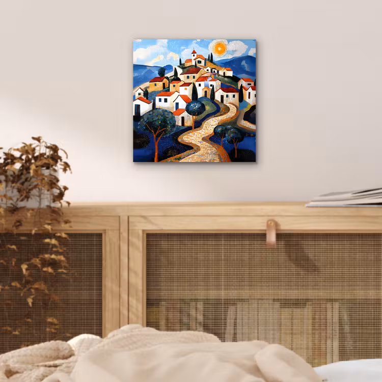 Aluminium schilderij - Dorp - Heuvelachtig - Zon - Mozaïek — 4