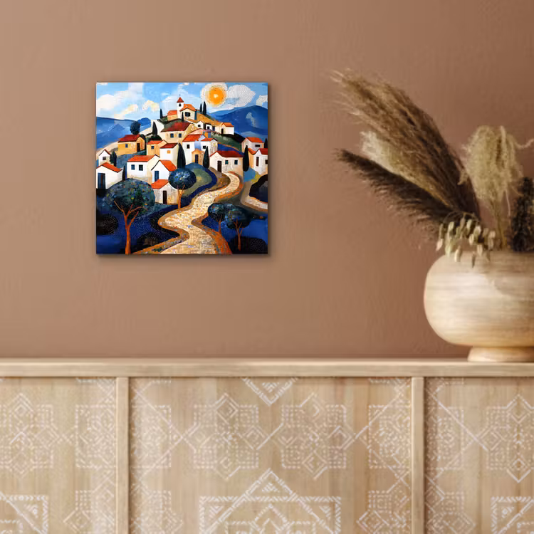 Aluminium schilderij - Dorp - Heuvelachtig - Zon - Mozaïek — 5