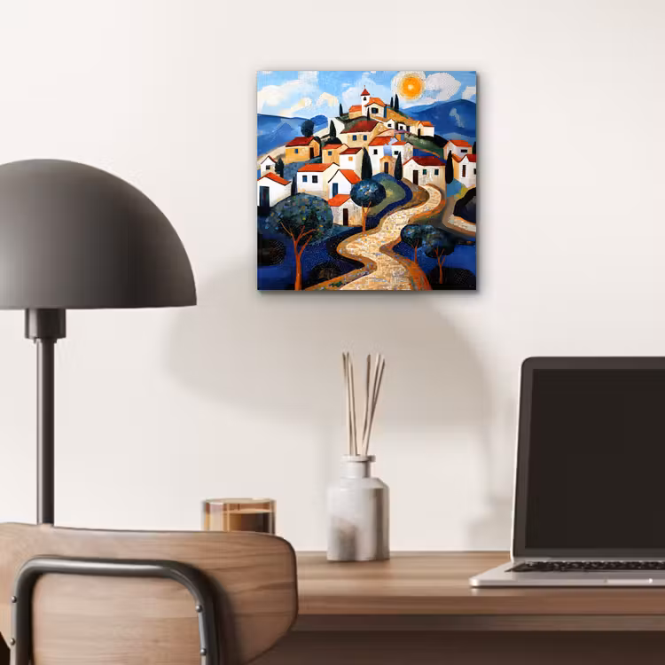 Aluminium schilderij - Dorp - Heuvelachtig - Zon - Mozaïek — 6