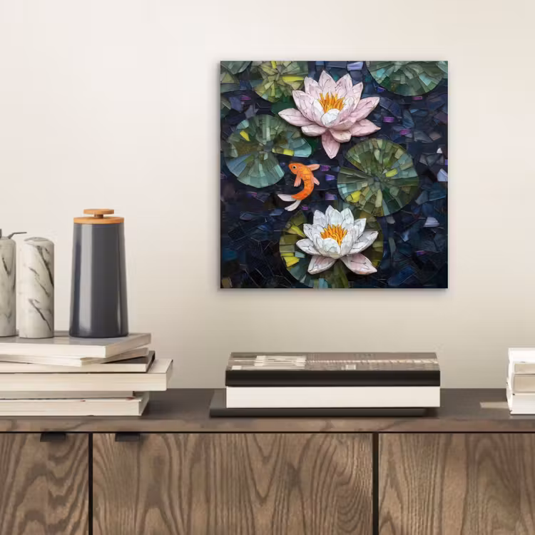 Aluminium schilderij - Glasstukjes - Leliebladeren - Vis - Oranje — 2