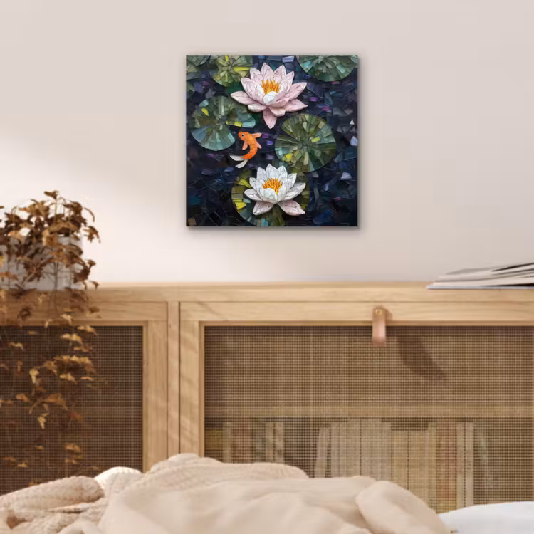 Aluminium schilderij - Glasstukjes - Leliebladeren - Vis - Oranje — 4