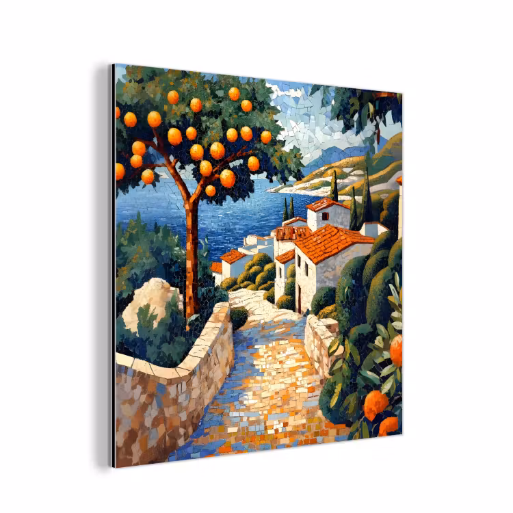Aluminium schilderij - Huizen - Mozaïek - Sinaasappelbomen - Zee — 1