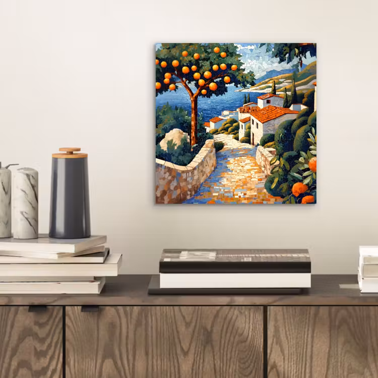 Aluminium schilderij - Huizen - Mozaïek - Sinaasappelbomen - Zee — 2