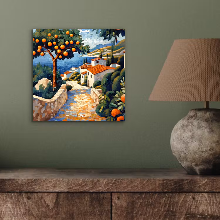 Aluminium schilderij - Huizen - Mozaïek - Sinaasappelbomen - Zee — 3