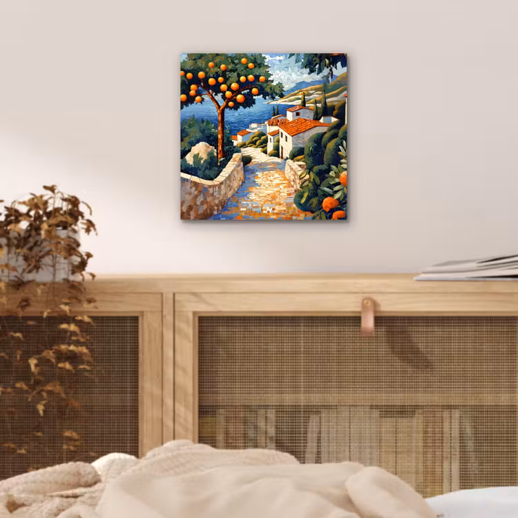 Aluminium schilderij - Huizen - Mozaïek - Sinaasappelbomen - Zee — 4